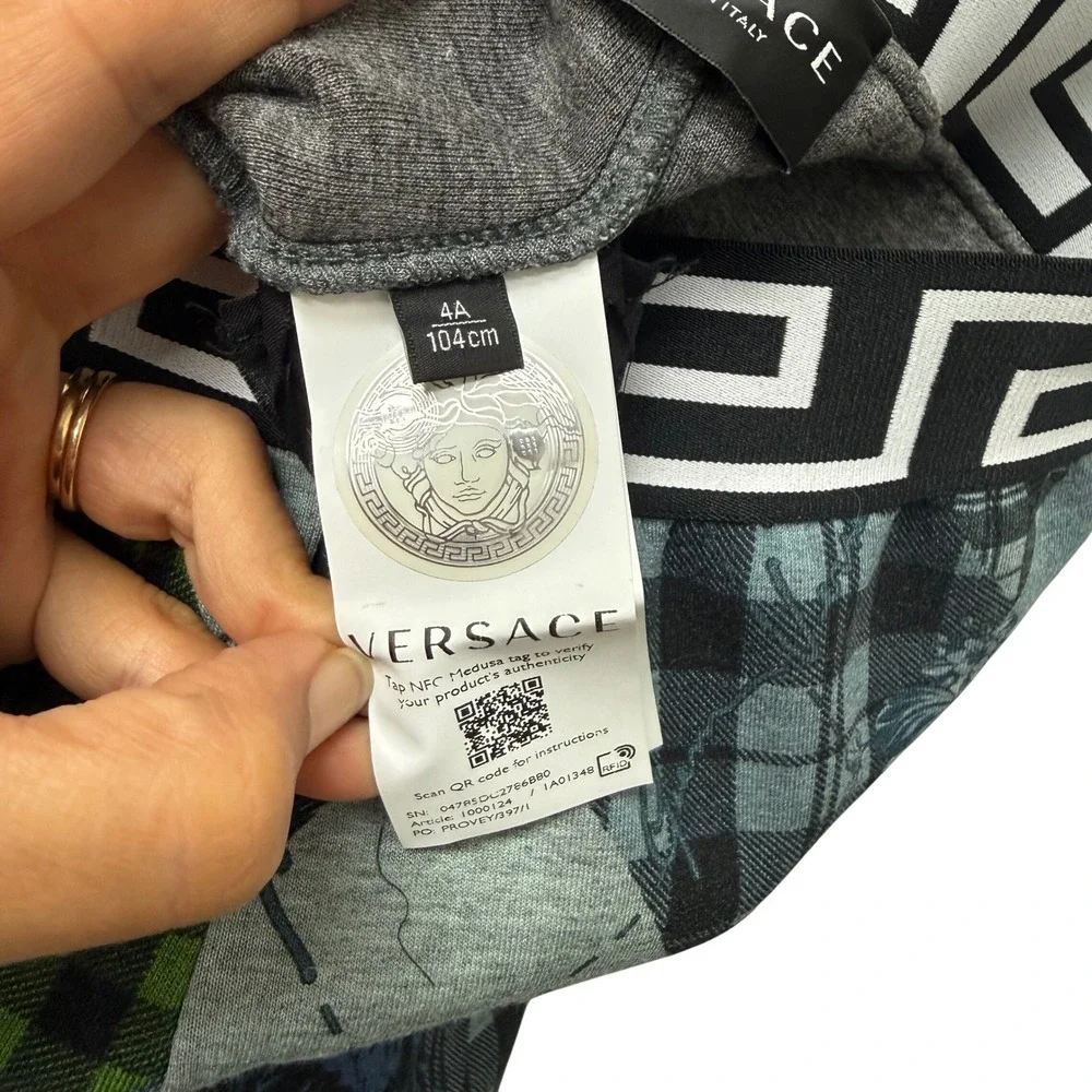 Versace‎ Kids Mixed Print Greca Waistband Shorts Blue Green 4Y Made in Italy